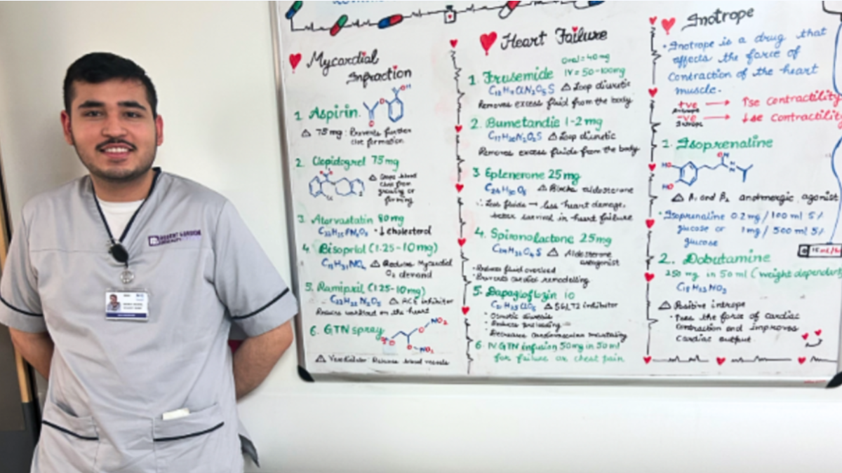 Sourav in his uniform in front of a whiteboard